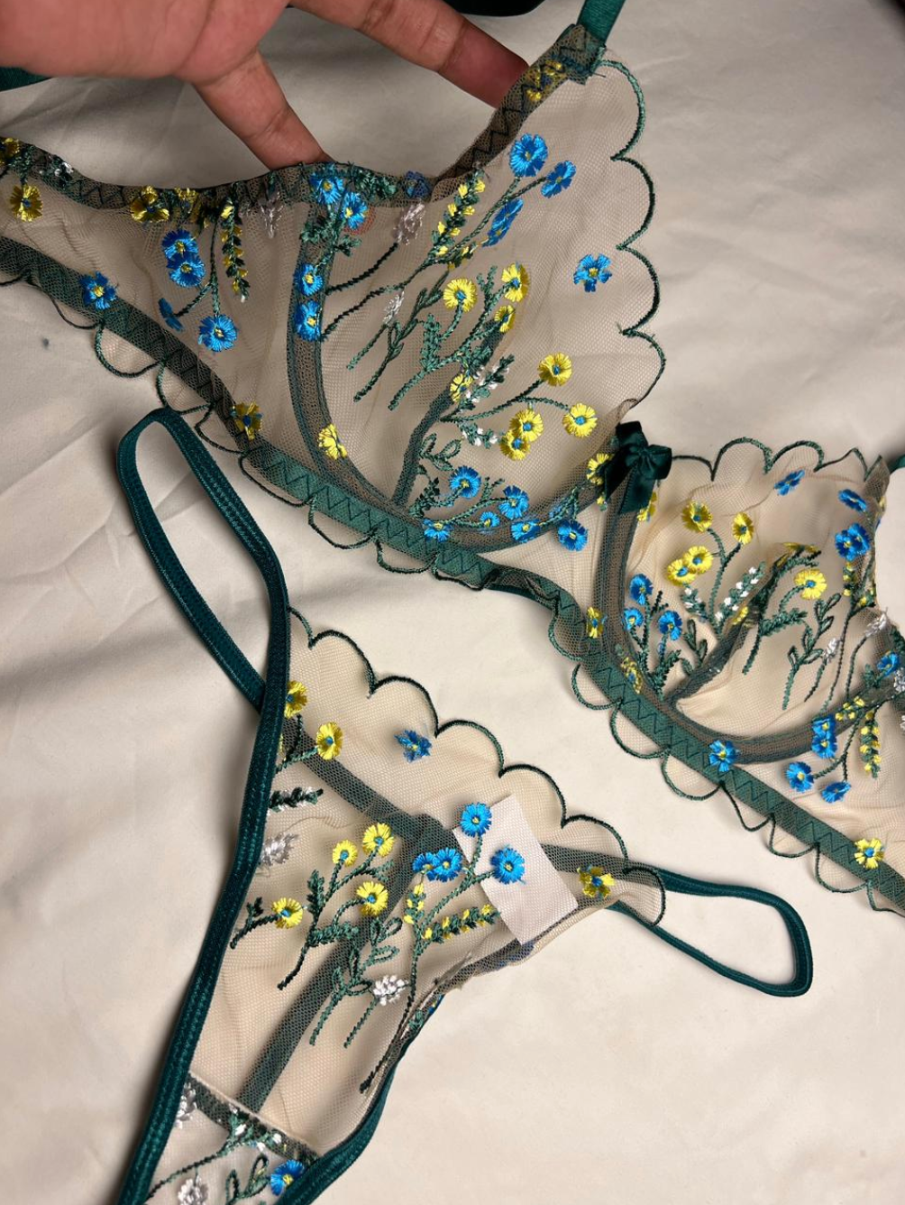 Emerald Bloom Embroidered Lingerie Set